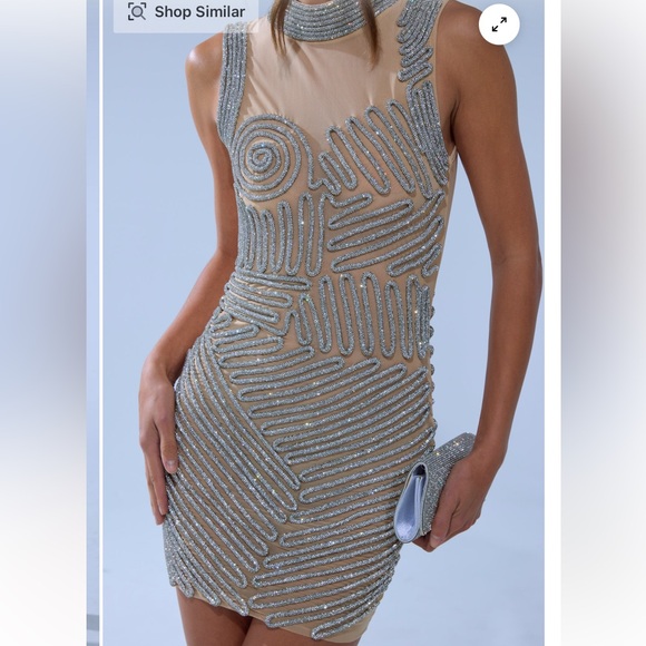AKIRA Silver and Cream Rhinestone Mesh Mini Dress. NWT - Picture 9 of 9